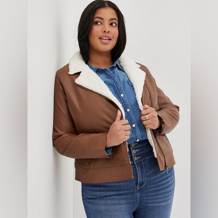 Torrid Cognac Faux Leather Sherpa Lined Moto Jacket Women’s Plus Size 0x